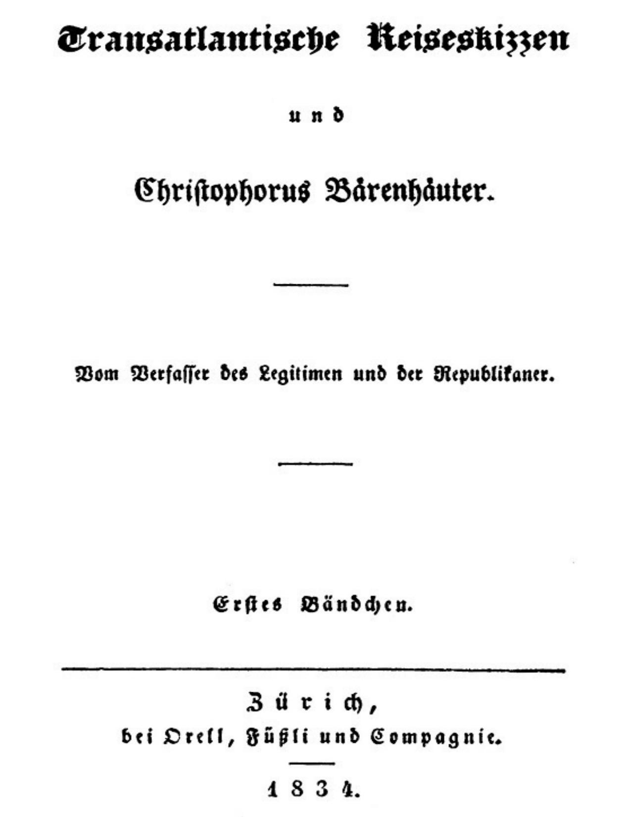 Buchcover: Transatlantische Reiseskizzen und Christophorus Bärenhäuter: Erstes Bändchen von Charles Sealsfield