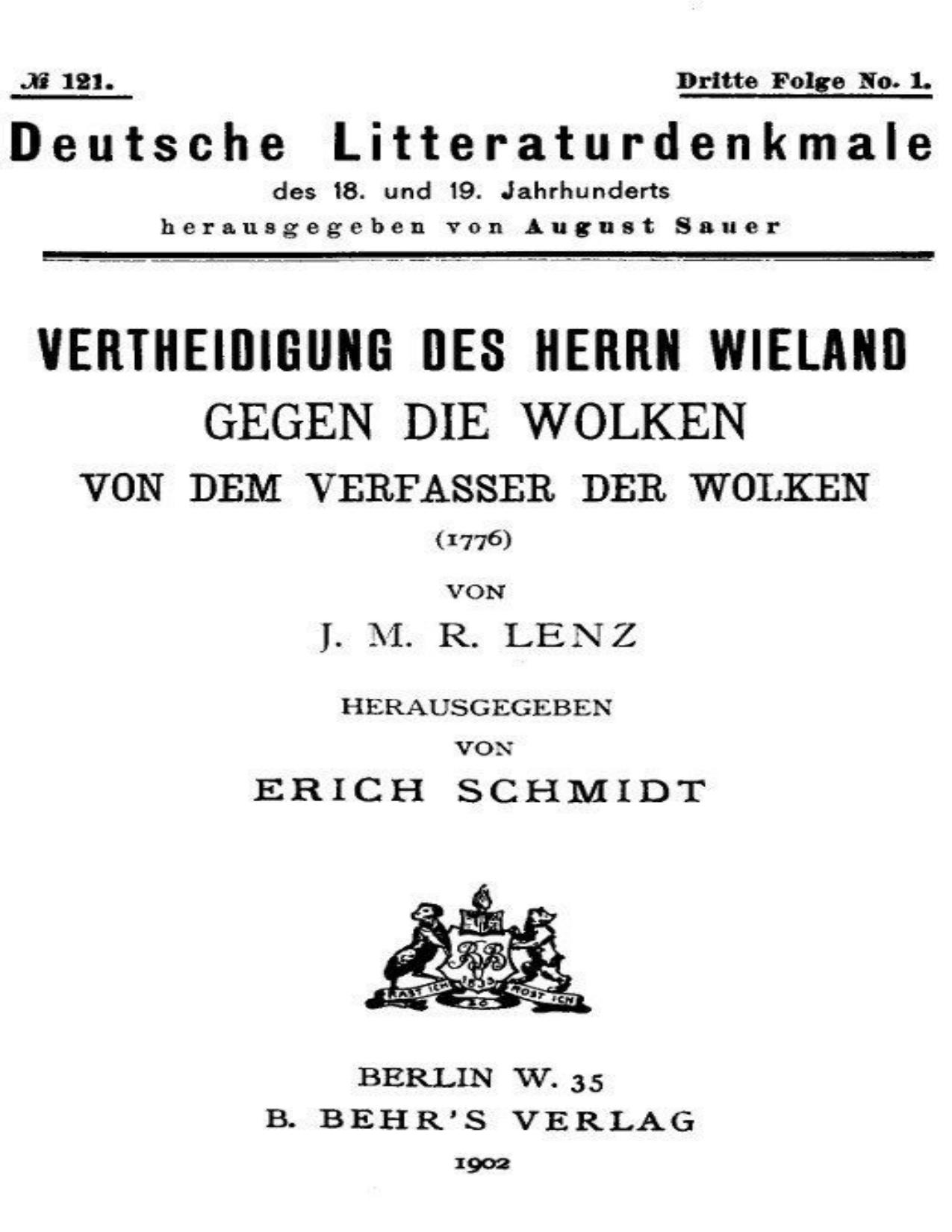 Buchcover: Vertheidigung des Herrn Wieland gegen die Wolken von Jakob Michael Reinhold Lenz