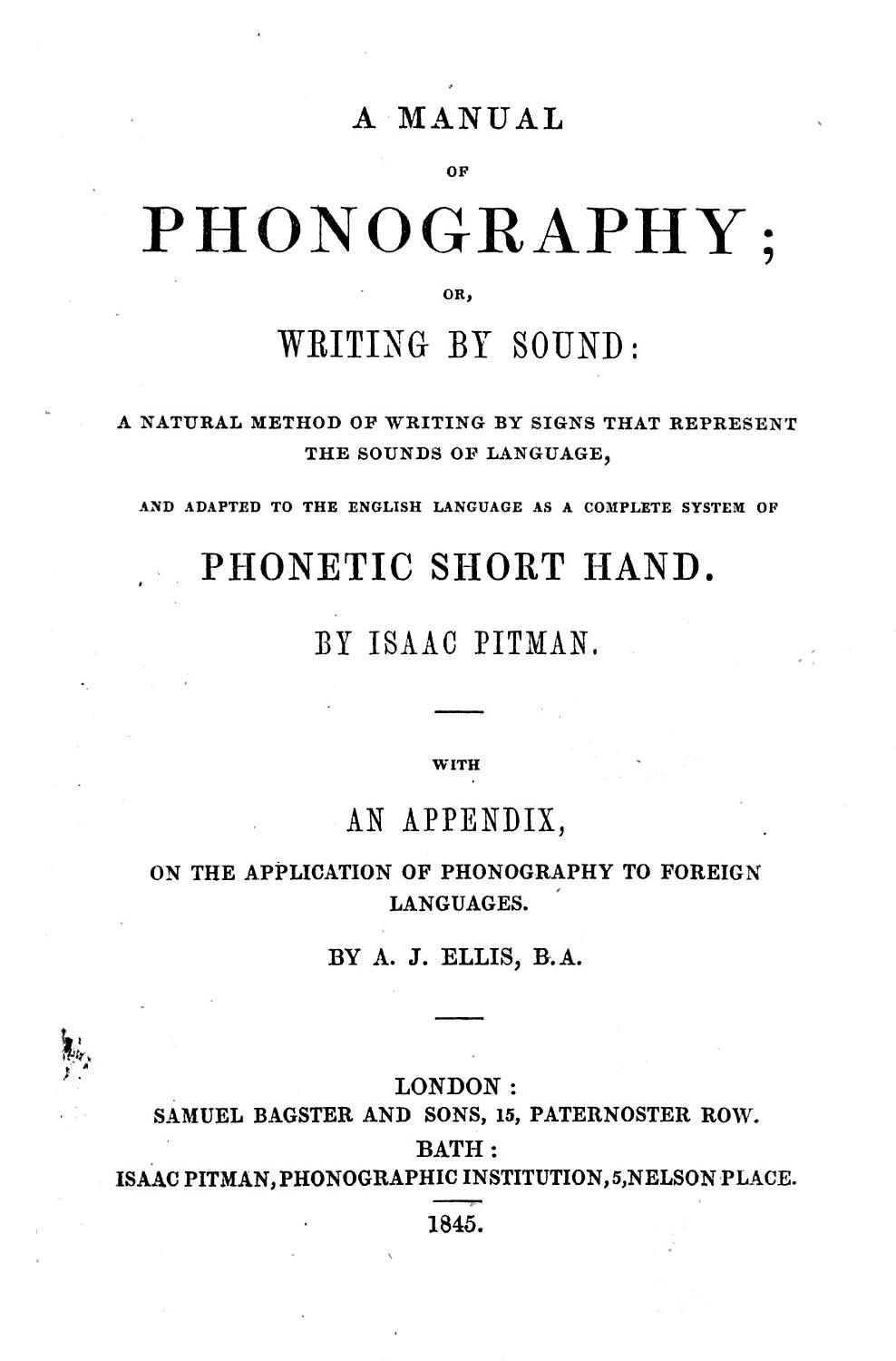 Cover of A Manual of Phonography or Writing by Sound