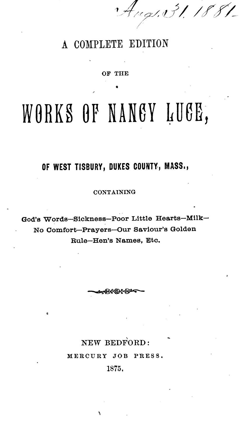 Cover of A Complete Edition of the Works of Nancy Luce