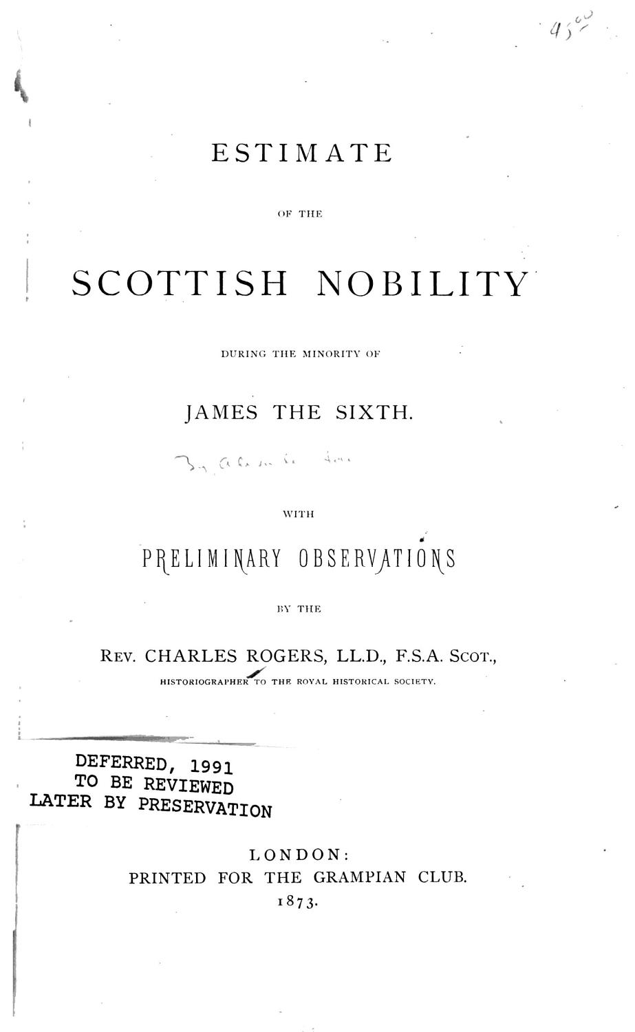 Cover of Estimate of the Scottish nobility during the minority of James the Sixth