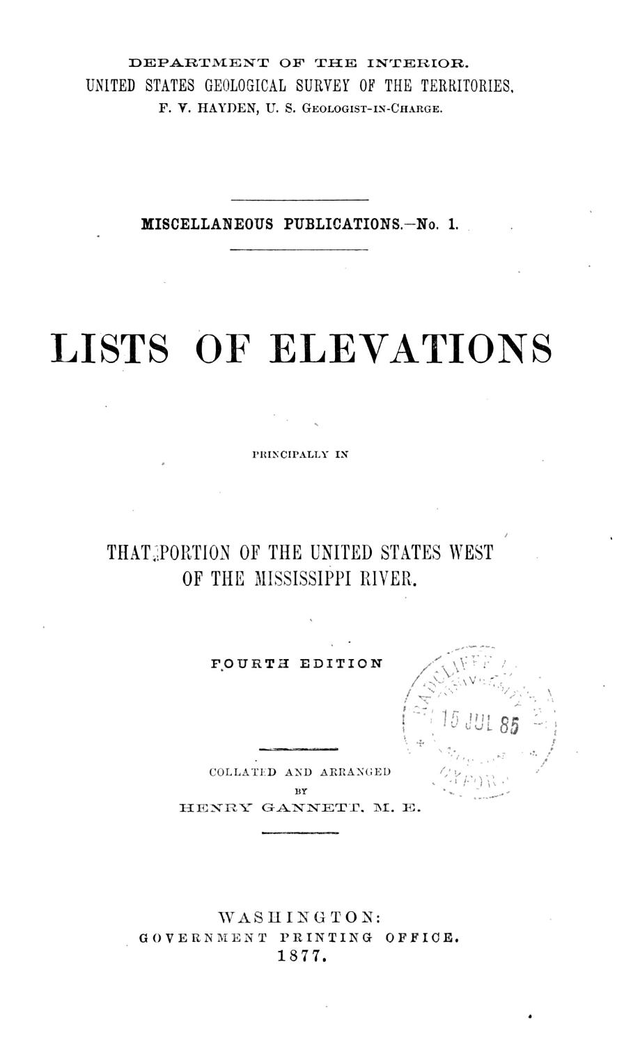Cover of Lists of Elevations Principally in That Portion of the United States West of the Mississippi River