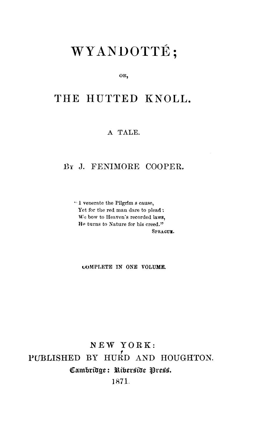Cover of Wyandotte, or, The Hutted Knoll. A Tale; Volume 1-2