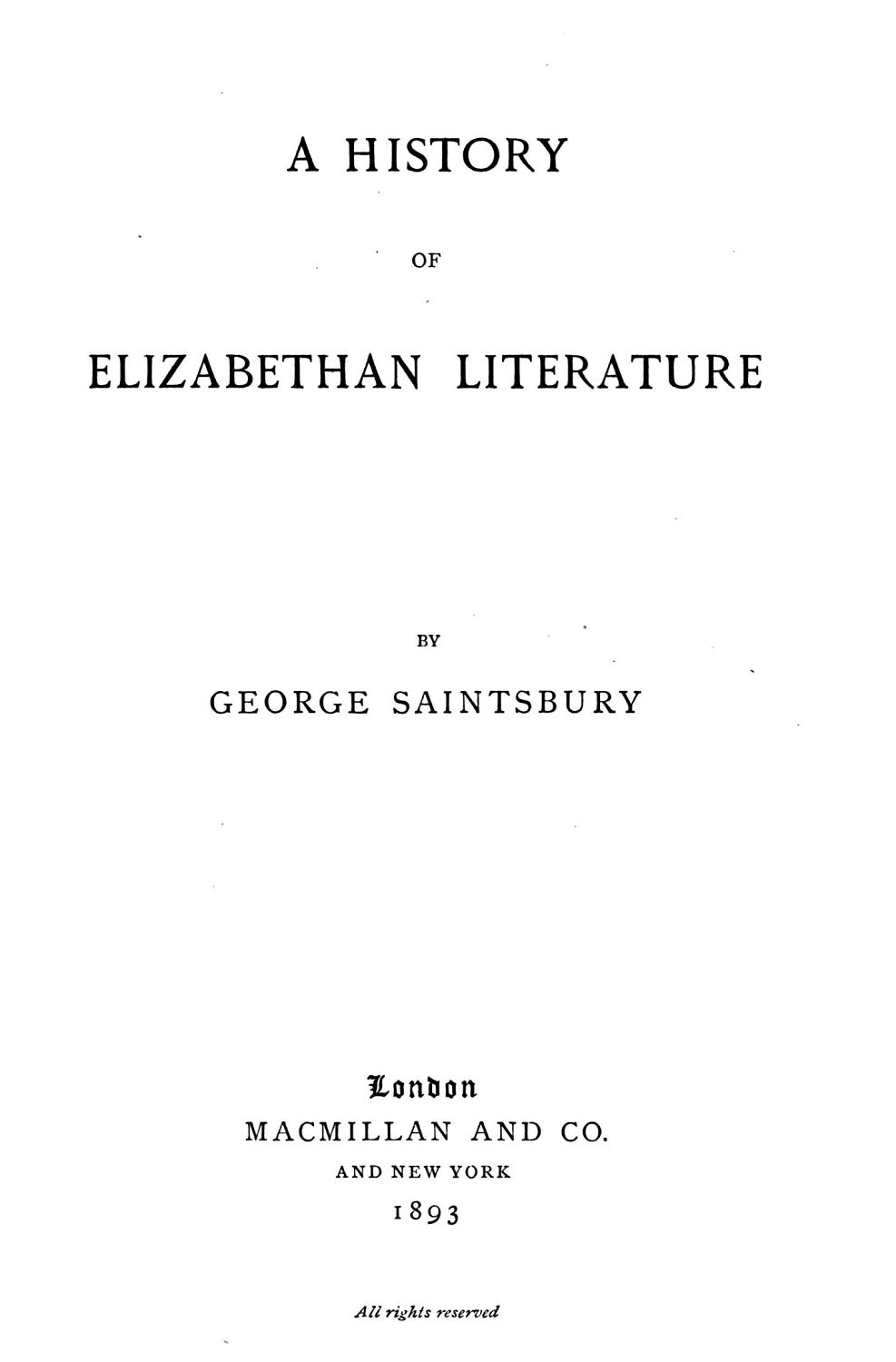 A History Of Elizabethan Literature Pg27450
