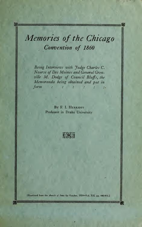 Memories of the Chicago Convention of 1860 by Frank Irving Herriott, book cover