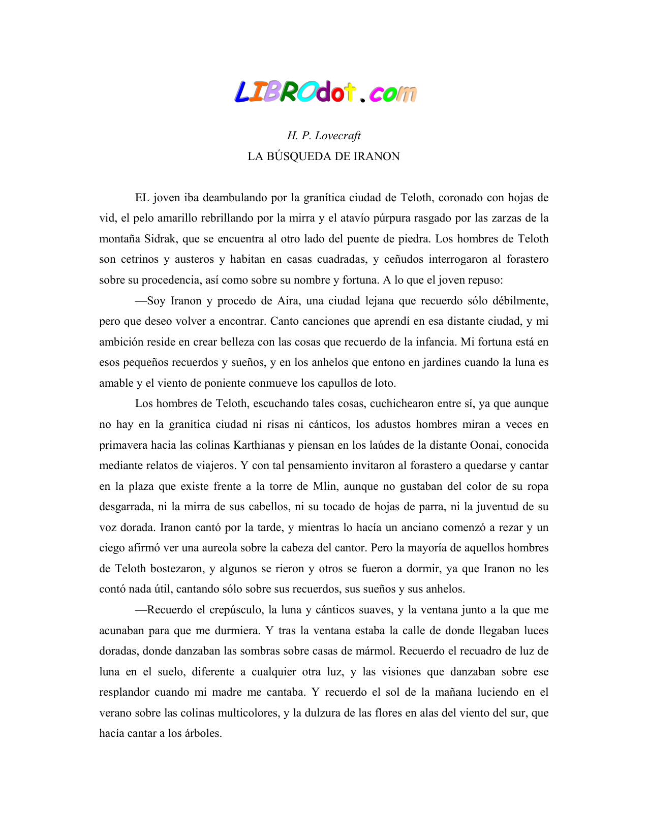 La búsqueda de Iranon de H. P. Lovecraft, portada del libro