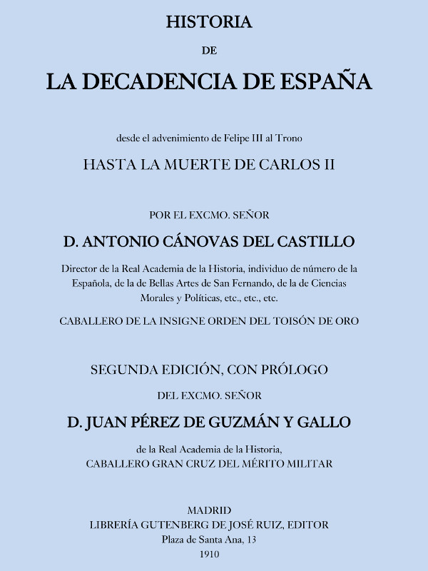 Historia de la decadencia de España de Antonio Cánovas del Castillo, portada del libro