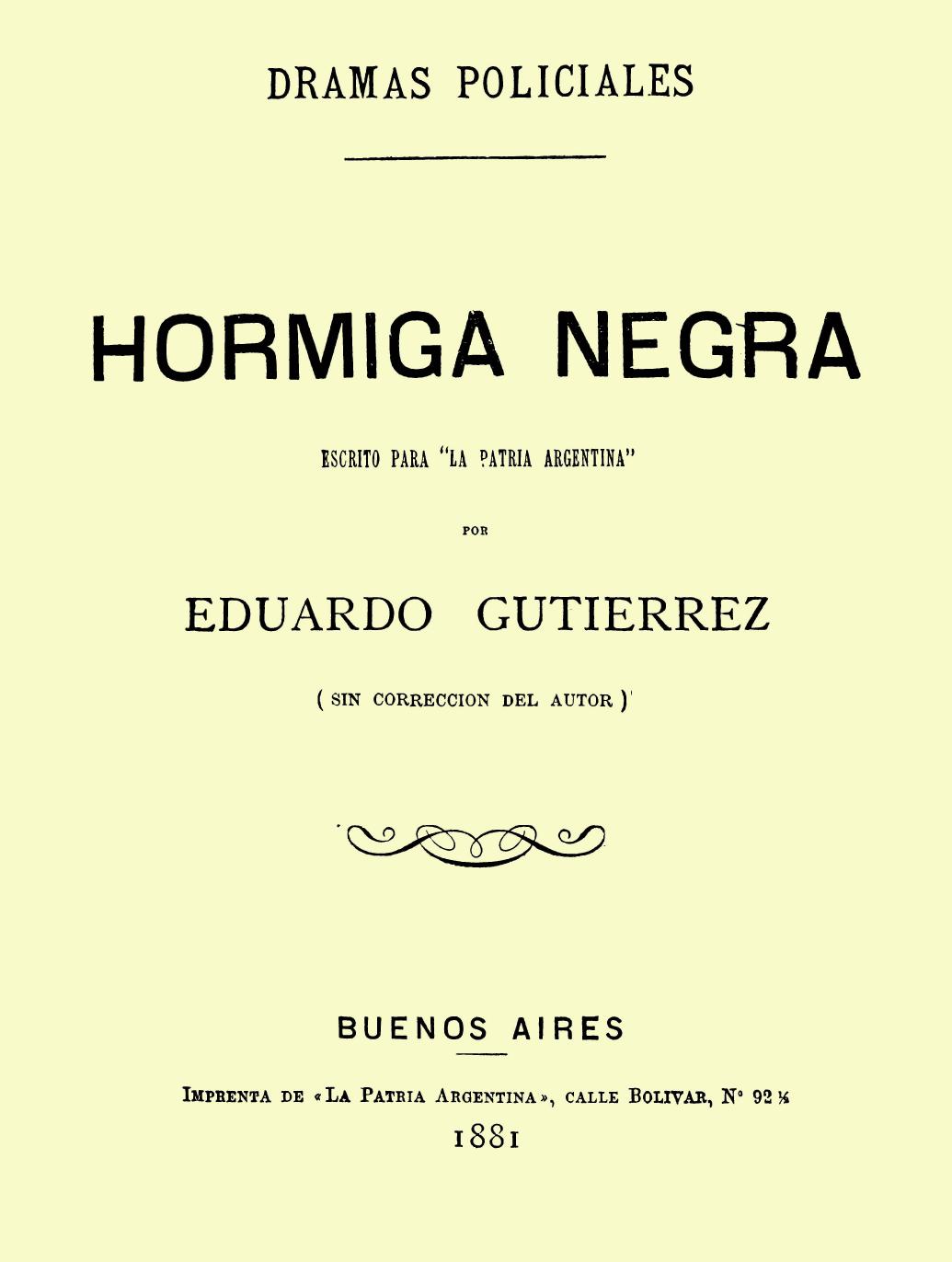 Hormiga negra de Eduardo Gutierrez, portada del libro