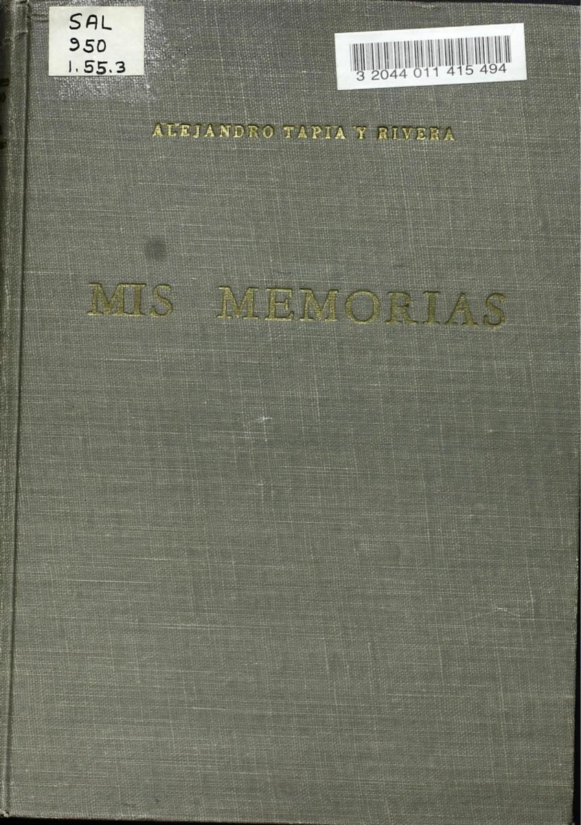Mis Memorias de Alejandro Tapia y Rivera, portada del libro