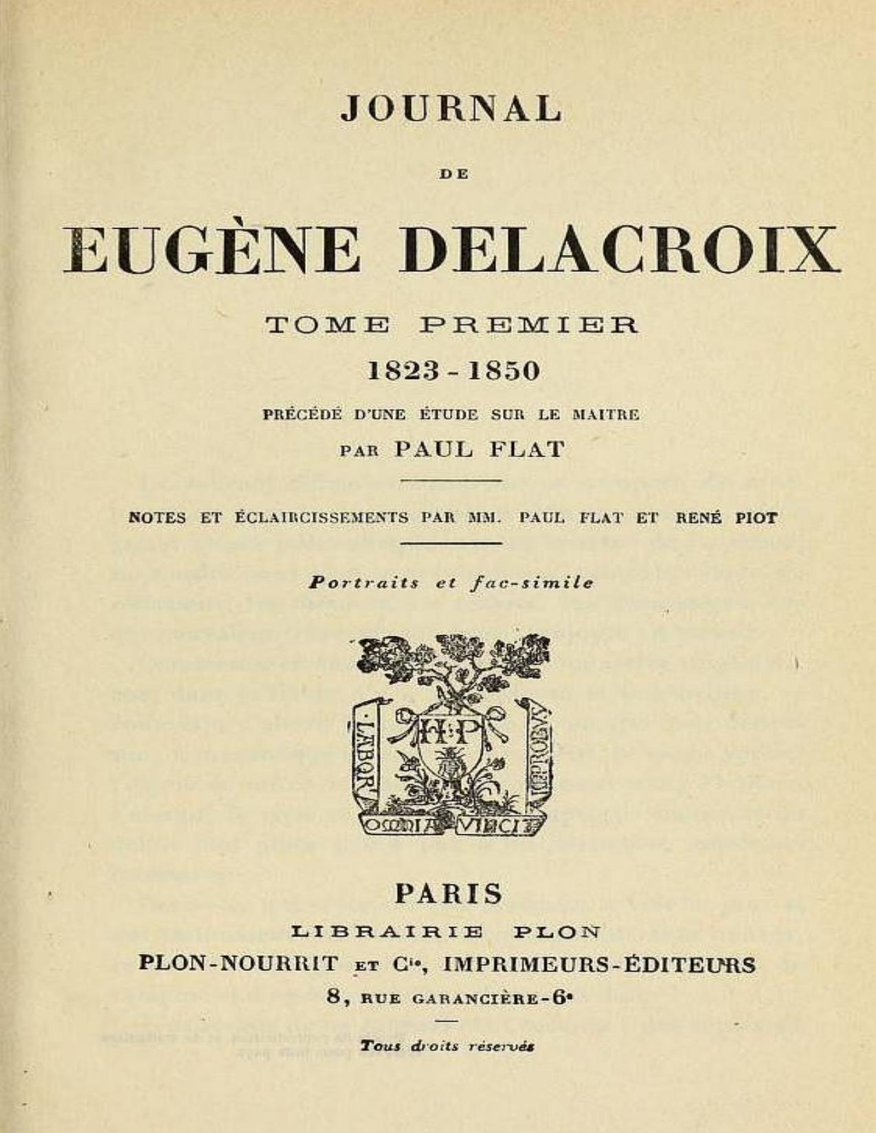 Journal De Eugene Delacroix Tome 1 De 3 1823 1850