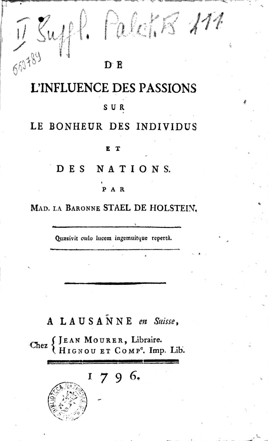 Couverture de De l&rsquo;influence des passions sur le bonheur des individus et des nations