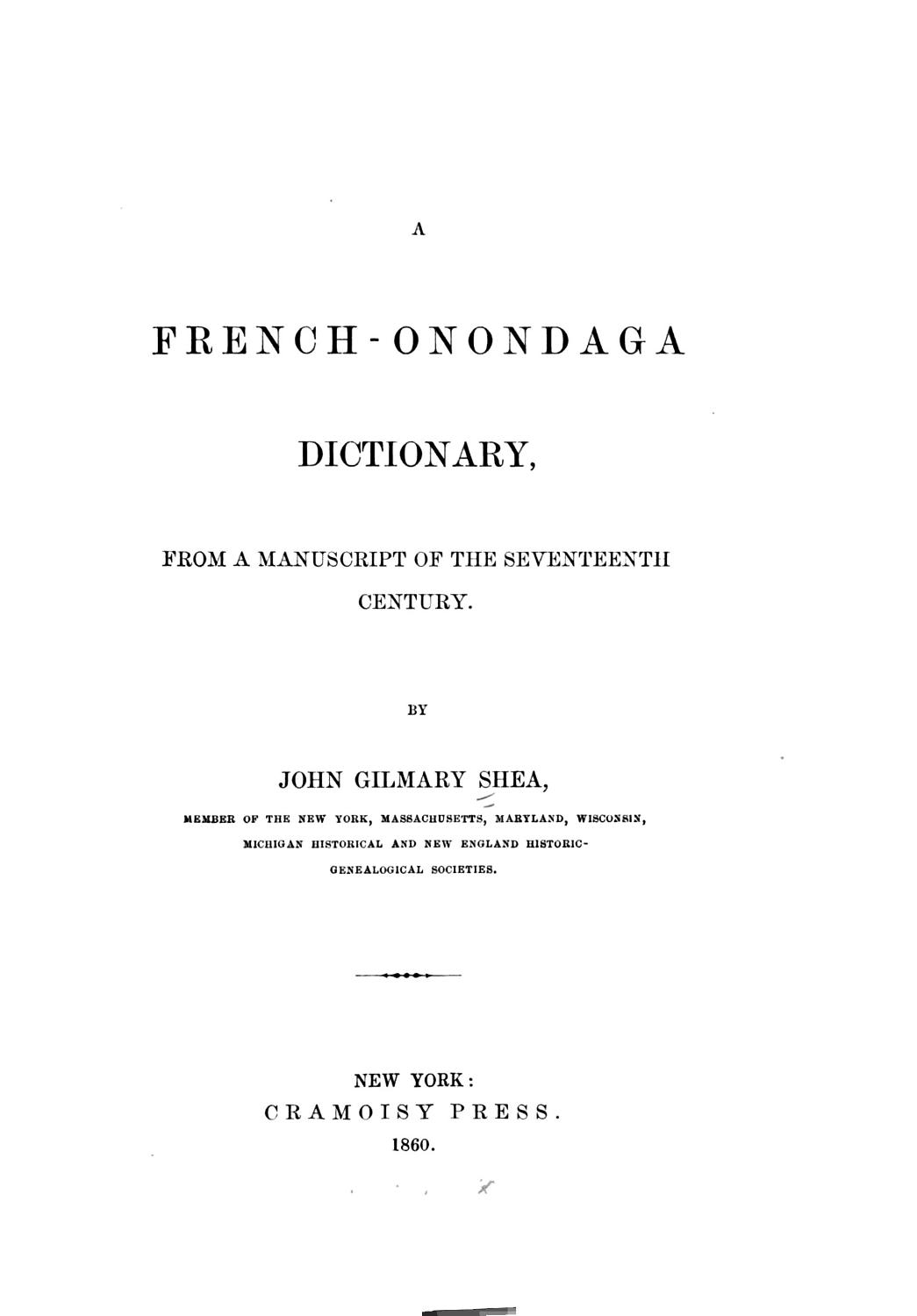 Couverture de Dictionnaire François—Onontagué