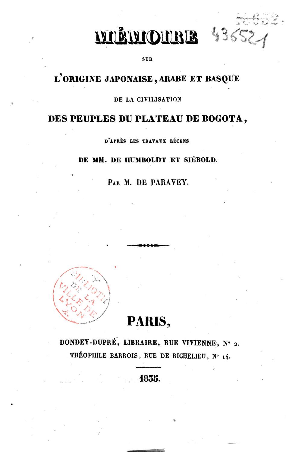 Couverture de Mémoire sur l&rsquo;origine Japonaise, Arabe et Basque de la civilisation des peuples du plateau de Bogota