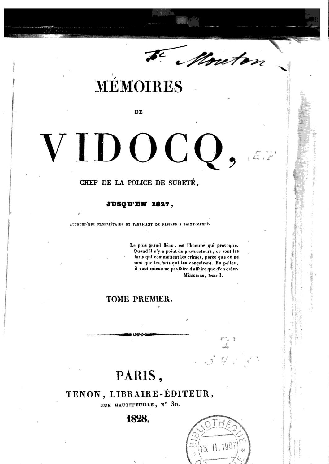 Couverture de Mémoires de Vidocq, chef de la police de Sureté jusqu&rsquo;en 1827, tome I