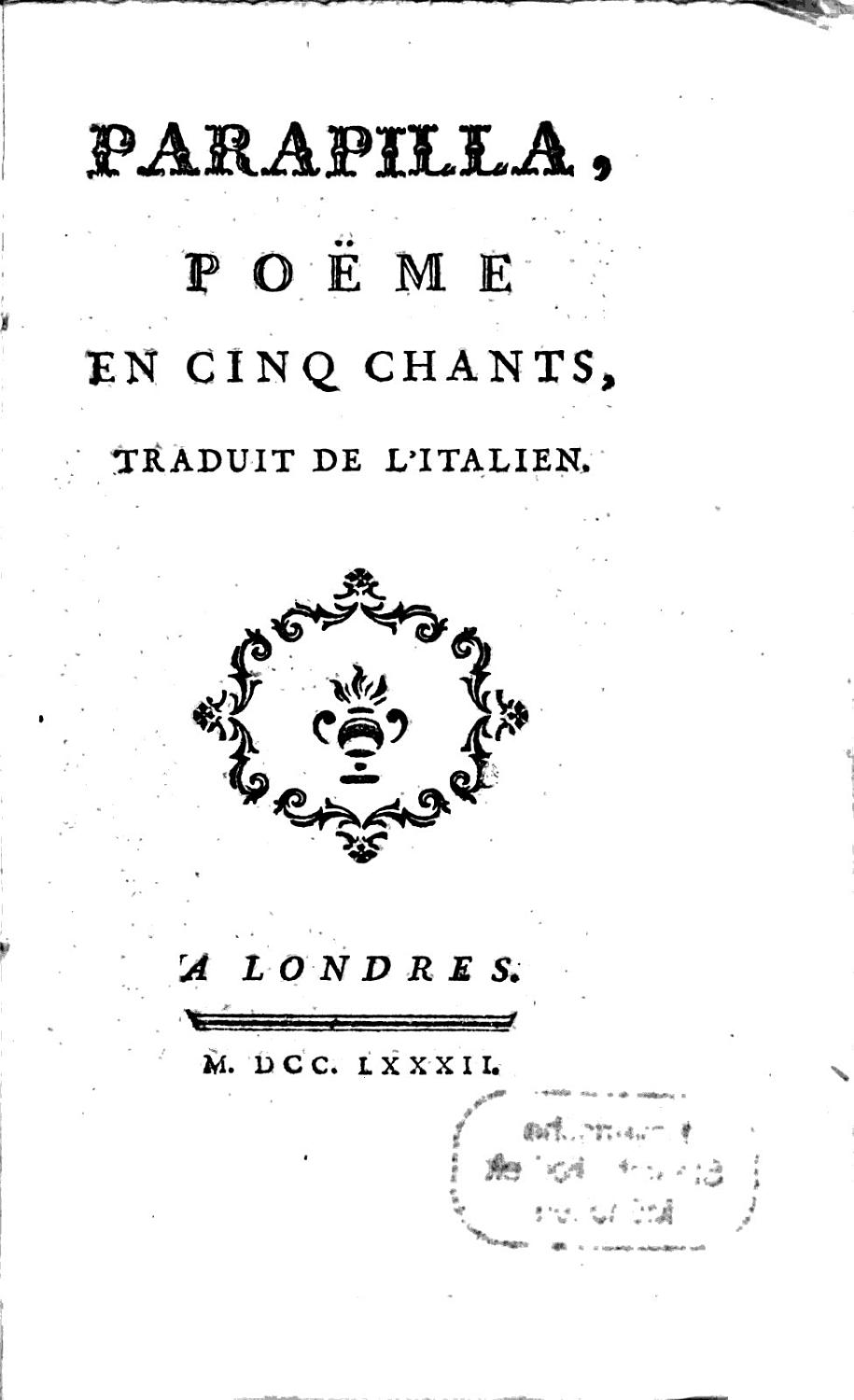 Couverture de Parapilla, poëme en cinq chants