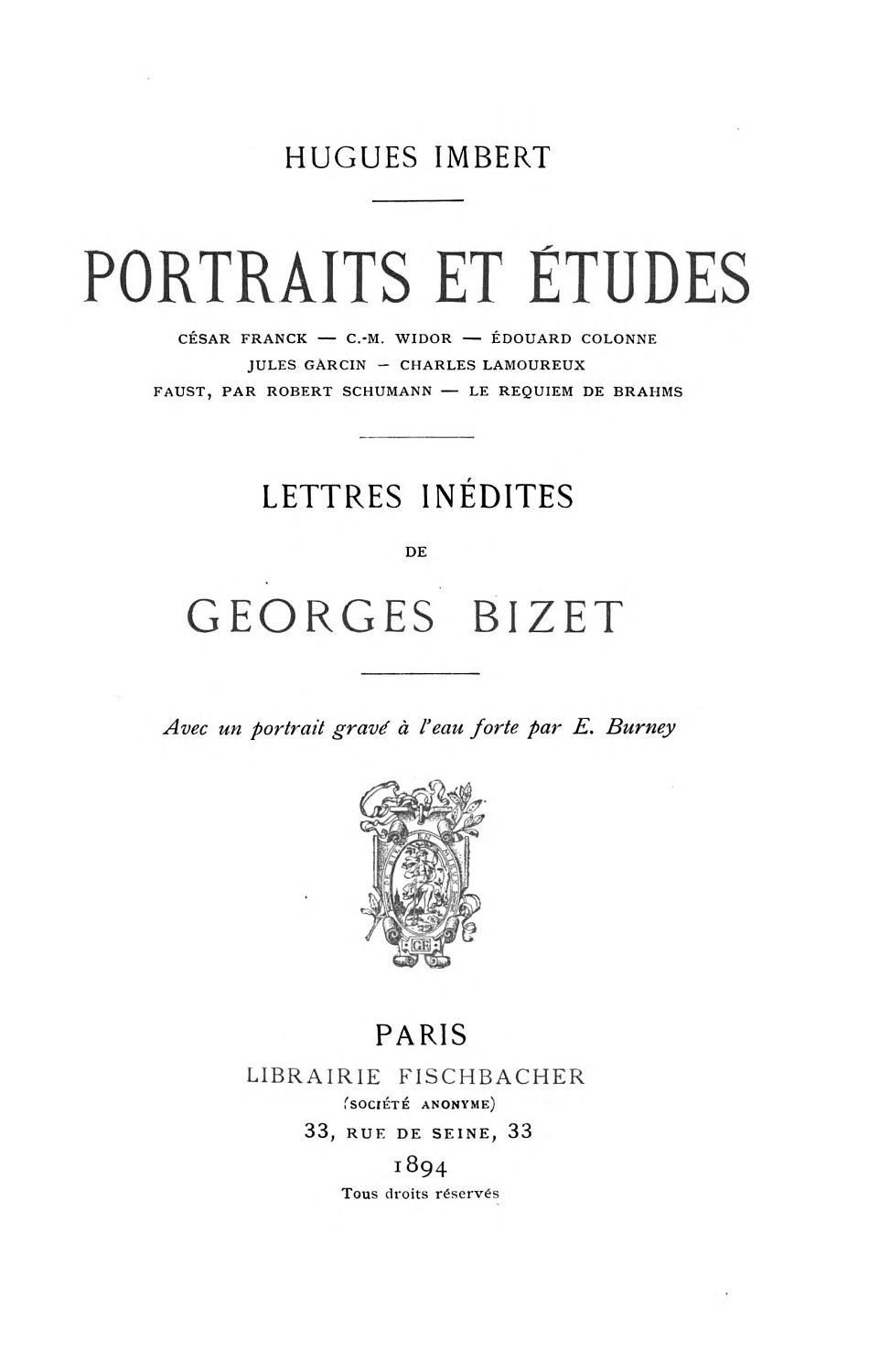 Couverture de Portraits et études; Lettres inédites de Georges Bizet
