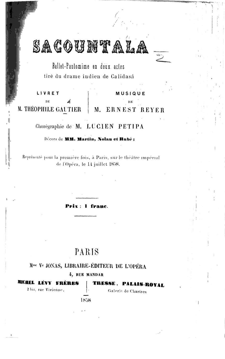 Couverture de Sacountala (1858)
ballet-pantomime en deux actes / tiré du drame indien de Calidasâ