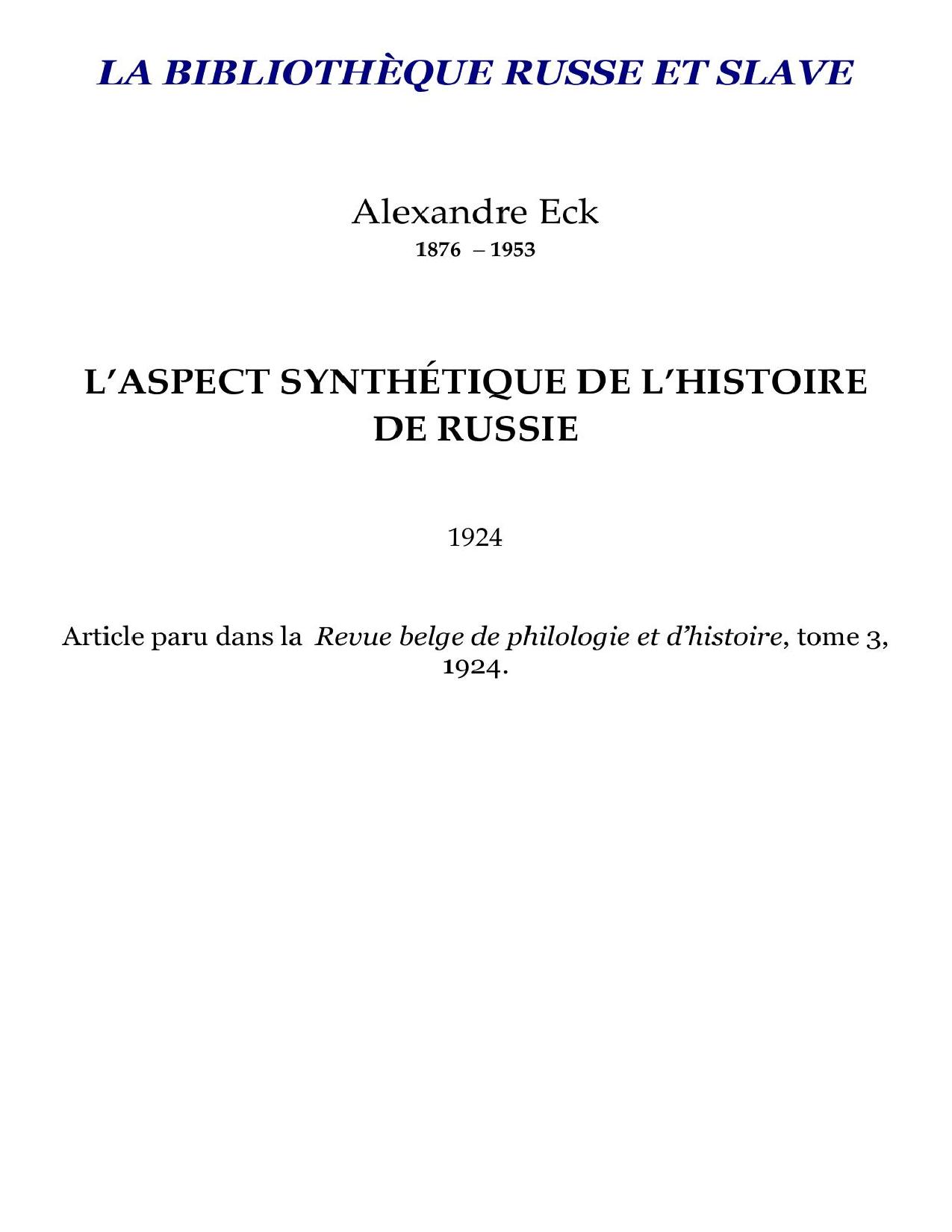 Eck L Aspect Synthetique De Lhistoire De Russie
