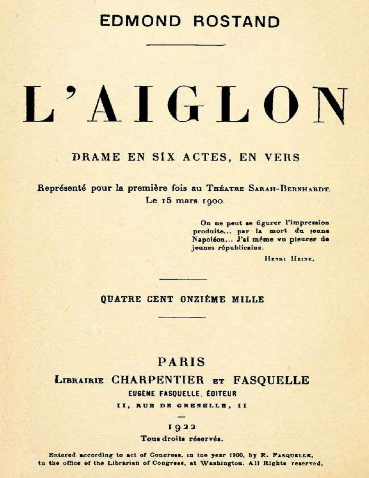 LAiglon Drame En Six Actes En Vers