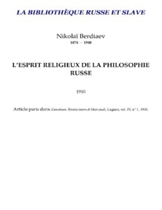 LEsprit Religieux De La Philosophie Russe