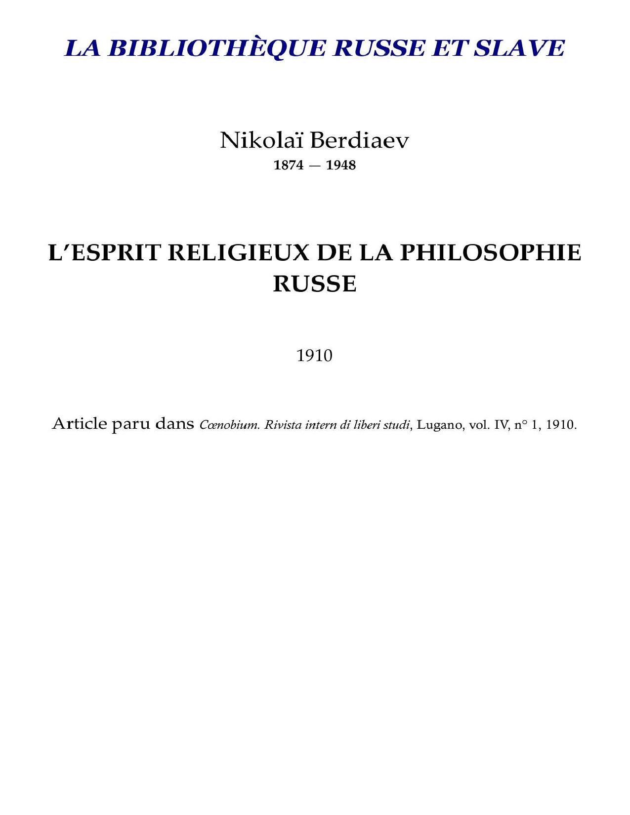 LEsprit Religieux De La Philosophie Russe