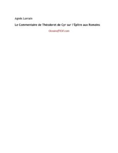 Le Commentaire De Theodoret De Cyr Sur LEpitre Aux Romains