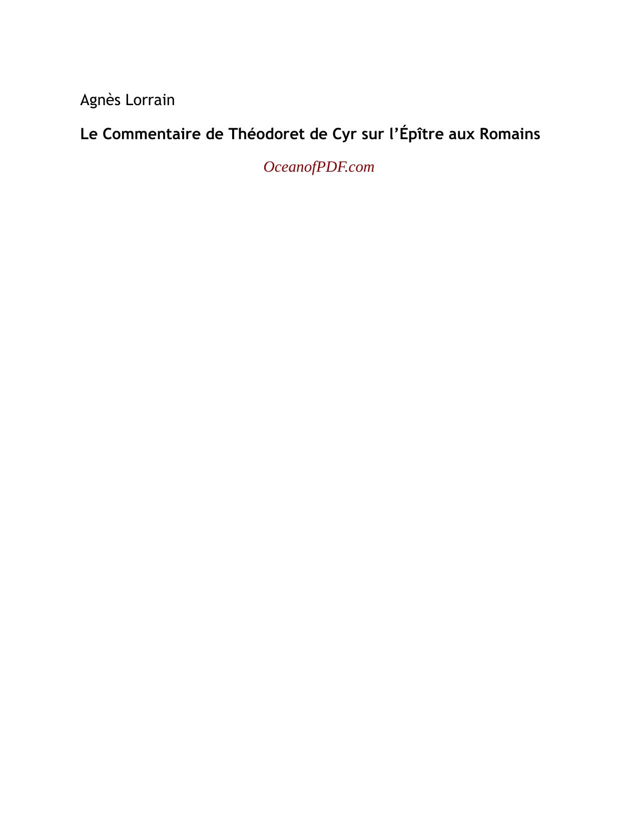 Le Commentaire De Theodoret De Cyr Sur LEpitre Aux Romains