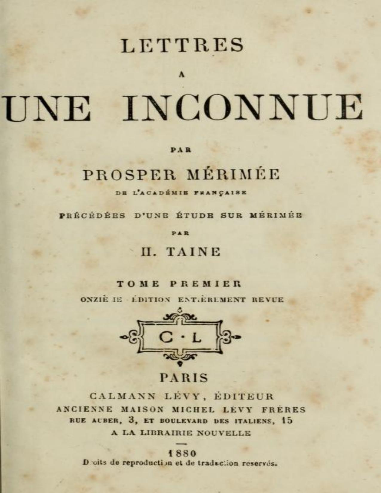 Lettres A Une Inconnue Tome Premier Precedee Dune Etude