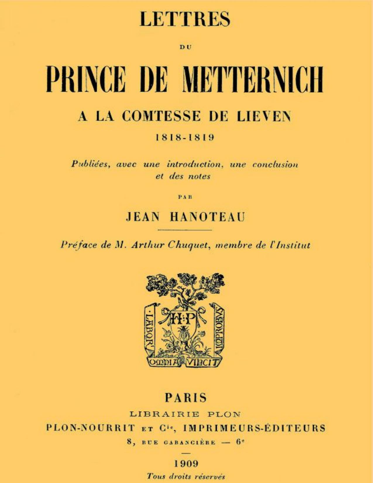 Lettres Du Prince De Metternich A La Comtesse De Lieven 181