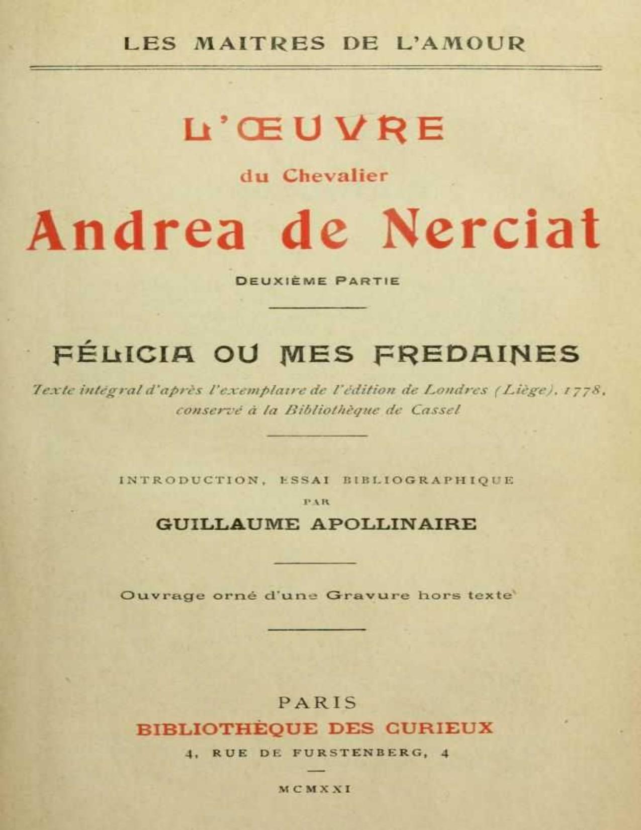 Loeuvre Du Chevalier Andrea De Nerciat 22 Felicia Ou M