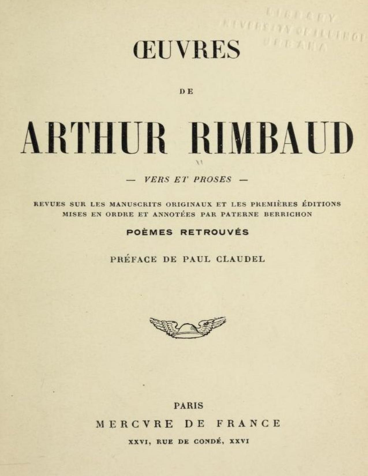 Oeuvres De Arthur Rimbaud Vers Et Proses Revues Sur Les M