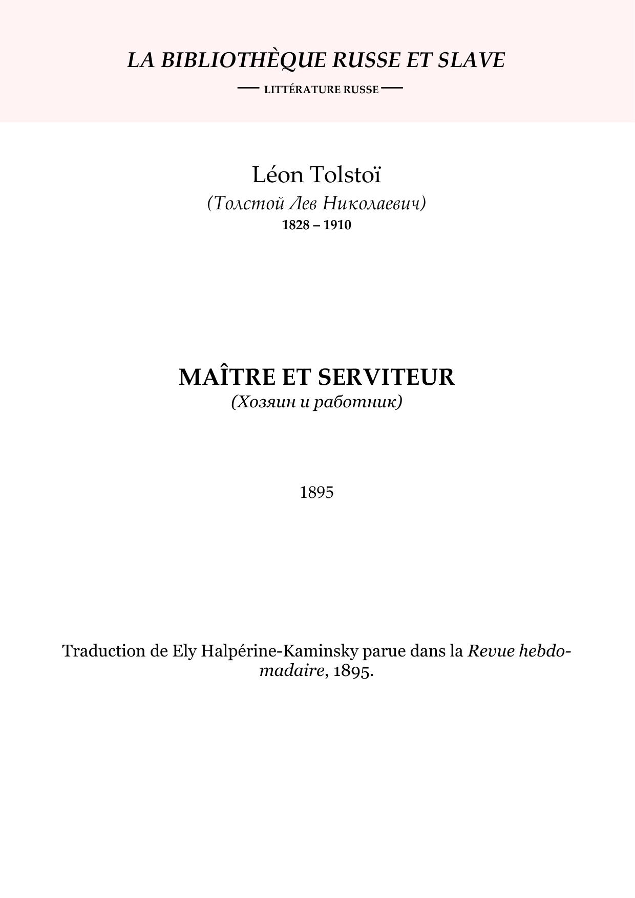 Tolstoi Maitre Et Serviteur