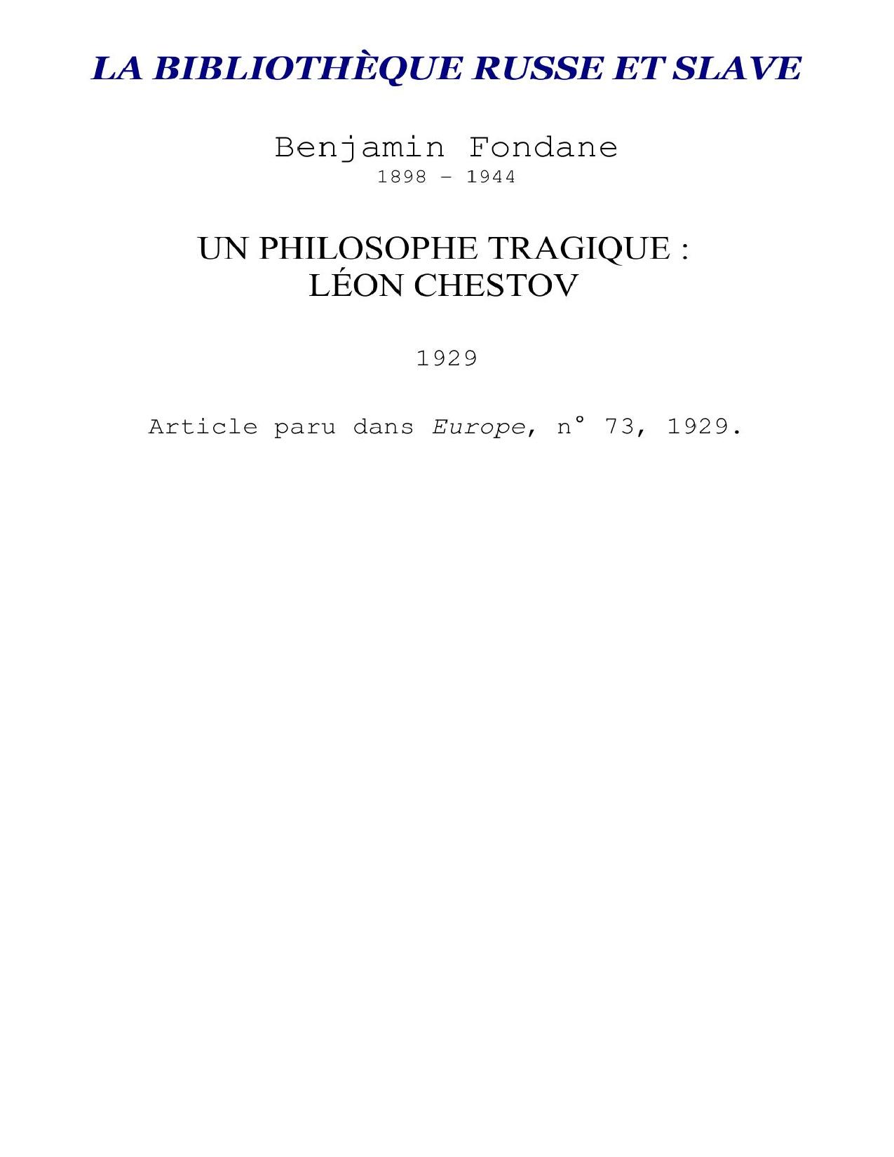 Un Philosophe Tragique Leon Chestov