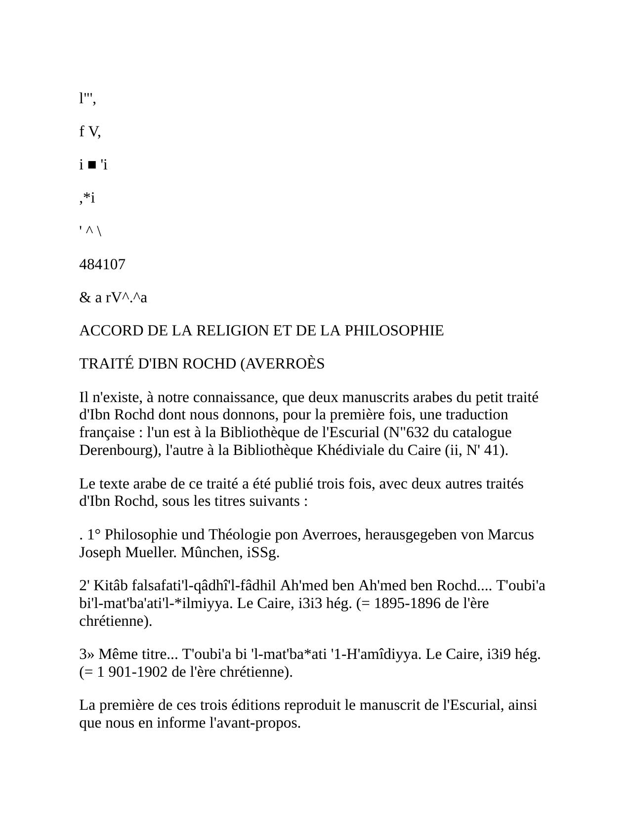 Accord De La Religion Et De La Philosophie Traite DIbn Roch