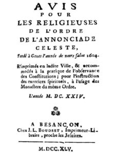 Avis pour les religieuses de l’ordre de l’Annonciade celeste, fondé à Genes l’année de notre Salut 1604 / R’imprimés en ladite Ville, & accomodés à la pratique de l’observance des Constitutions; pour l’instruction des exercices spirituels, à l’usage des Monasteres du même Ordre. by Ordine della Santissima Annunziata, book cover