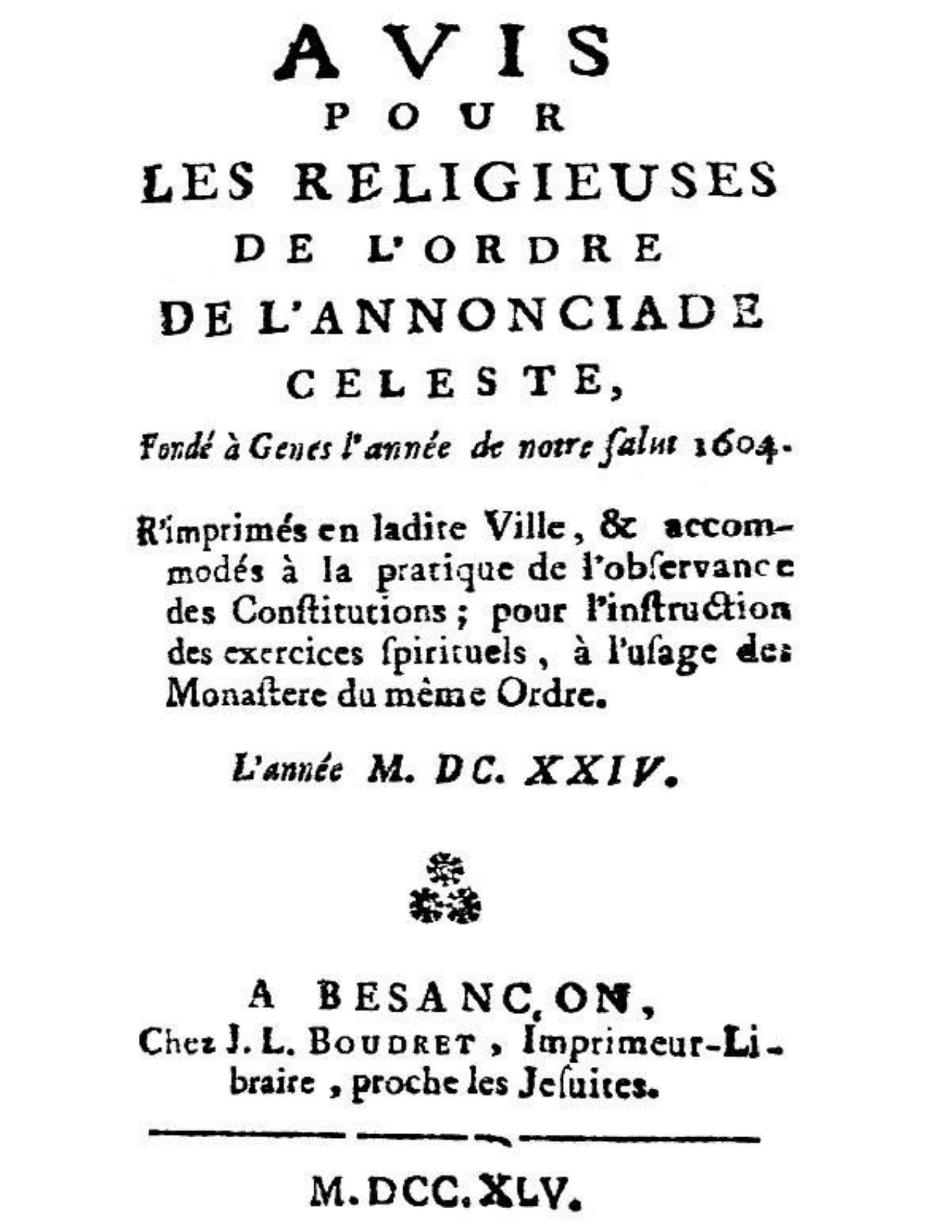 Avis Pour Les Religieuses De Lordre De LAnnonciade Celeste