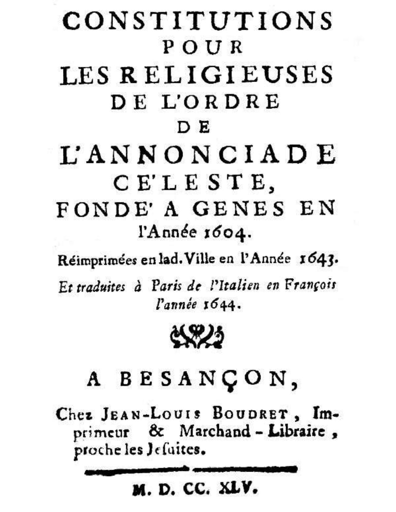 Constitutions Pour Les Religieuses De Lordre De Lannonciad