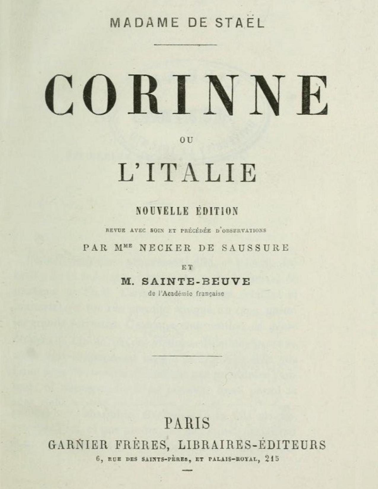 Corinne Ou LItalie Nouvelle Edition Revue Avec Soin Et