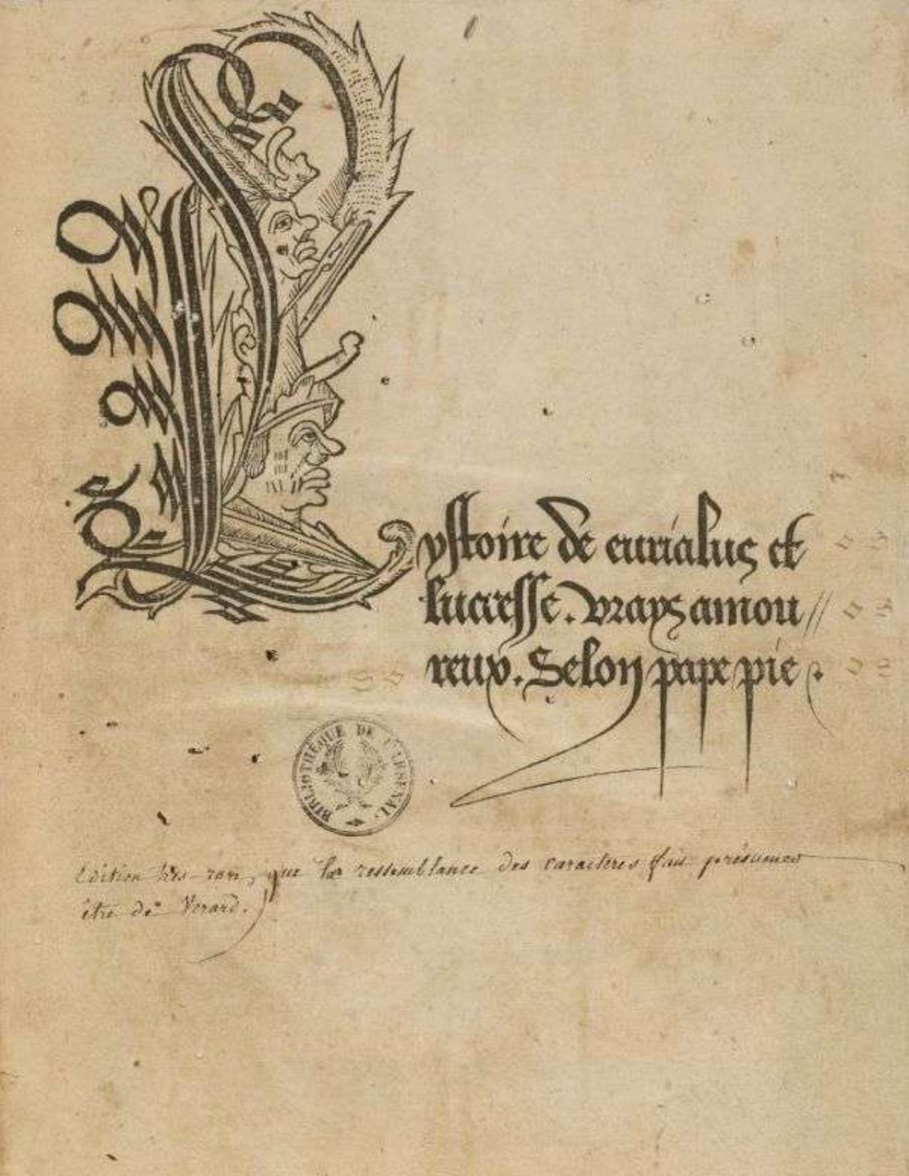 LYstoire De Eurialus Et Lucresse Vrays Amoureux Selon Pap