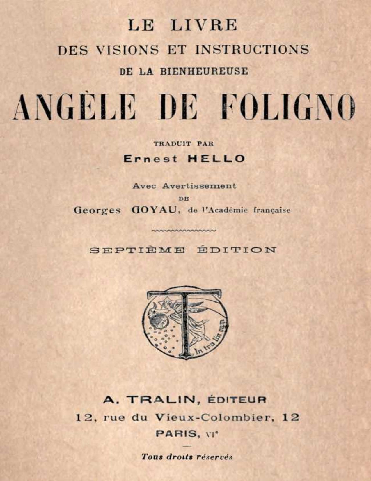 Le Livre Des Visions Et Instructions De La Bienheureuse Ange