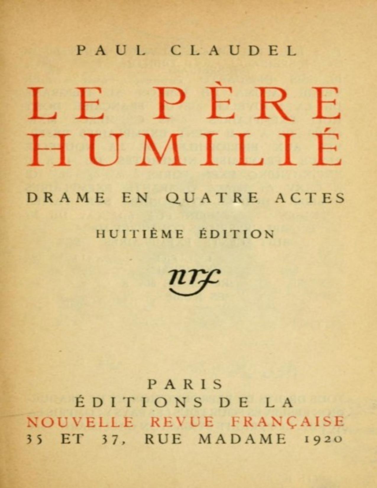 Le Pere Humilie Drame En Quatre Actes