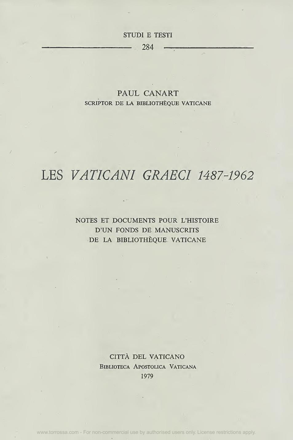 Les Vaticani Graeci 1487 1962 Notes Et Documents Pour Lhi