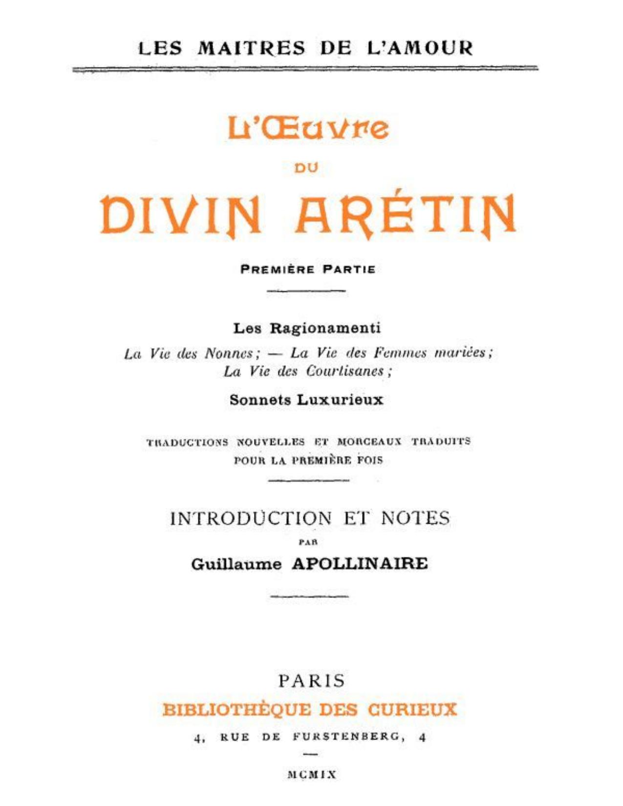 Loeuvre Du Divin Aretin Premiere Partie Introduction Et