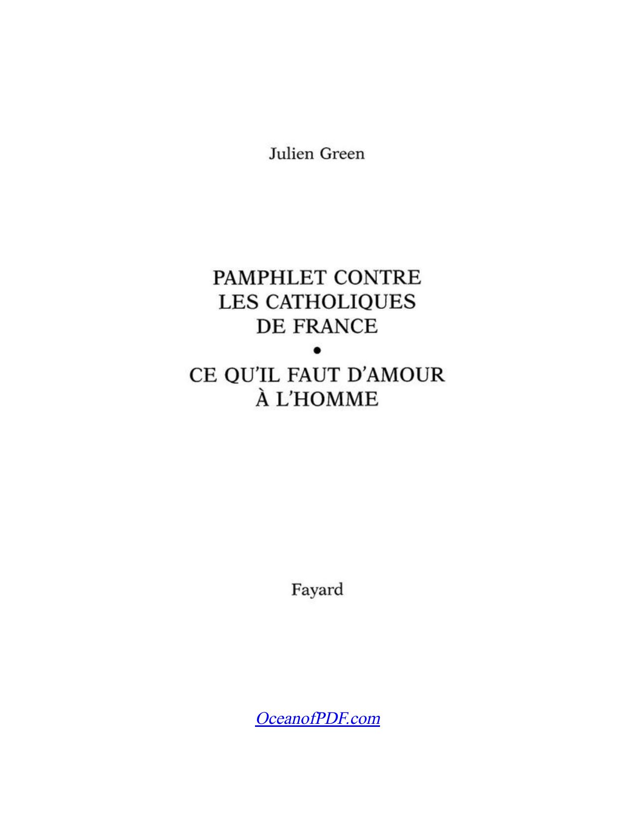 Pamphlet Contre Les Catholiques De France Suivi De Ce Quil