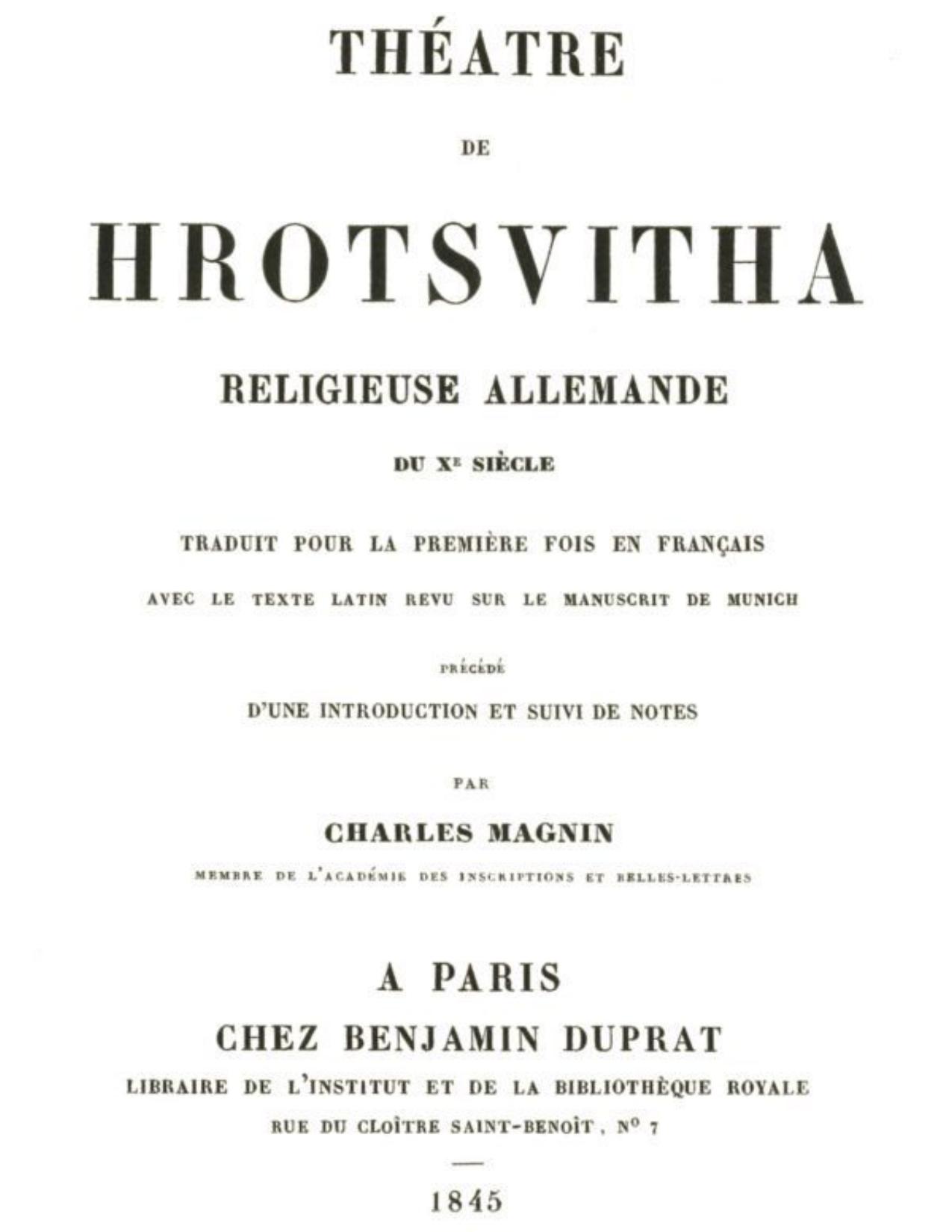 Theatre De Hrotsvitha Religieuse Allemande Du Dixieme Siec