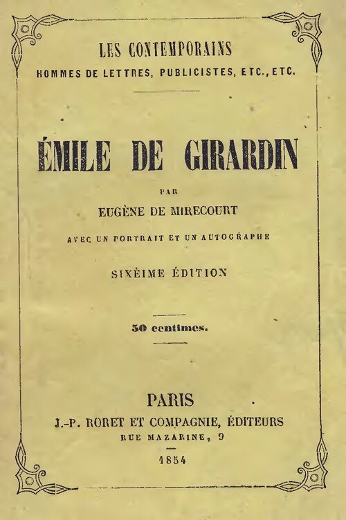 Émile de Girardin d’Eugène de Mirecourt, couverture du livre