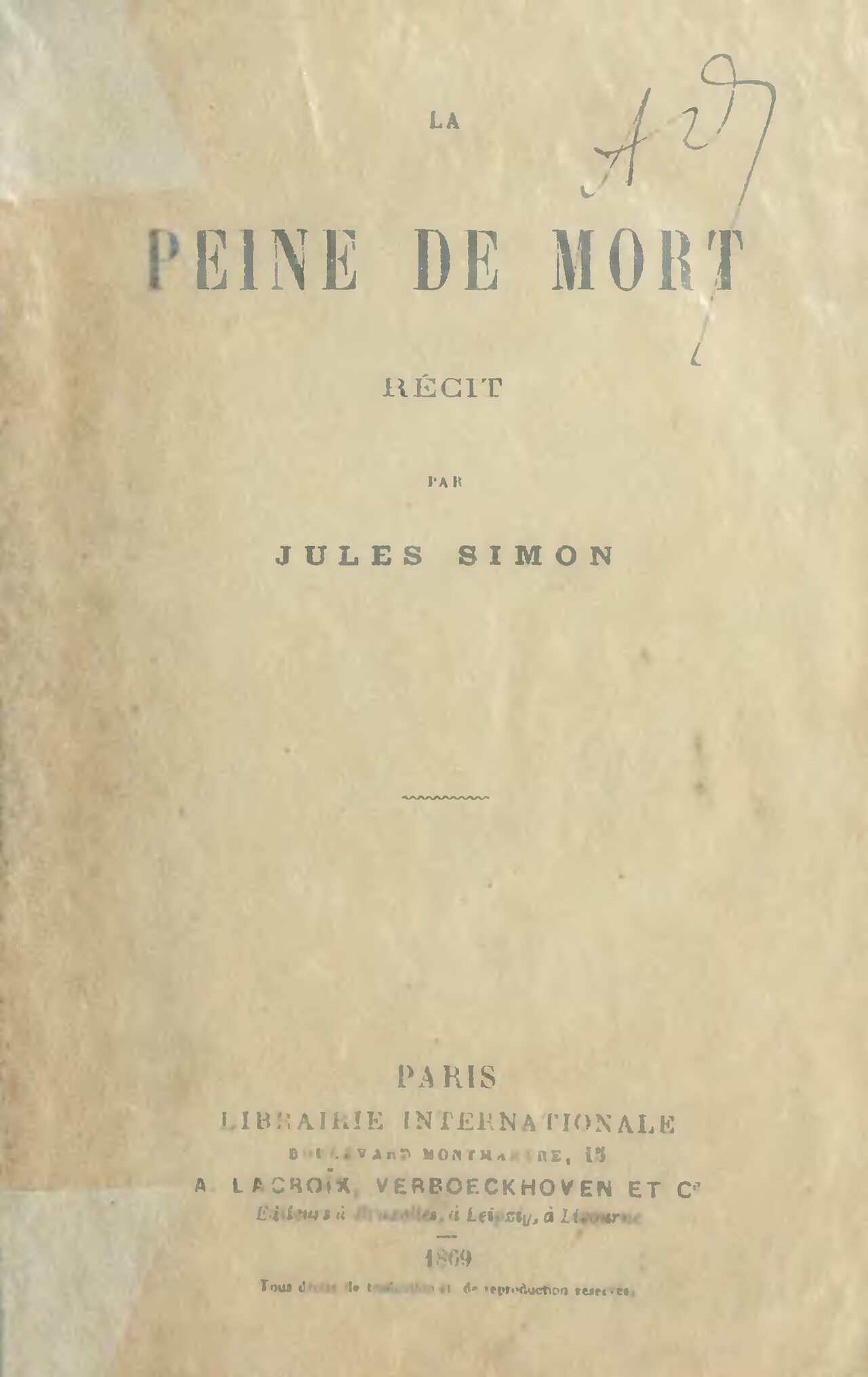La Peine de mort de Jules Simon, couverture du livre