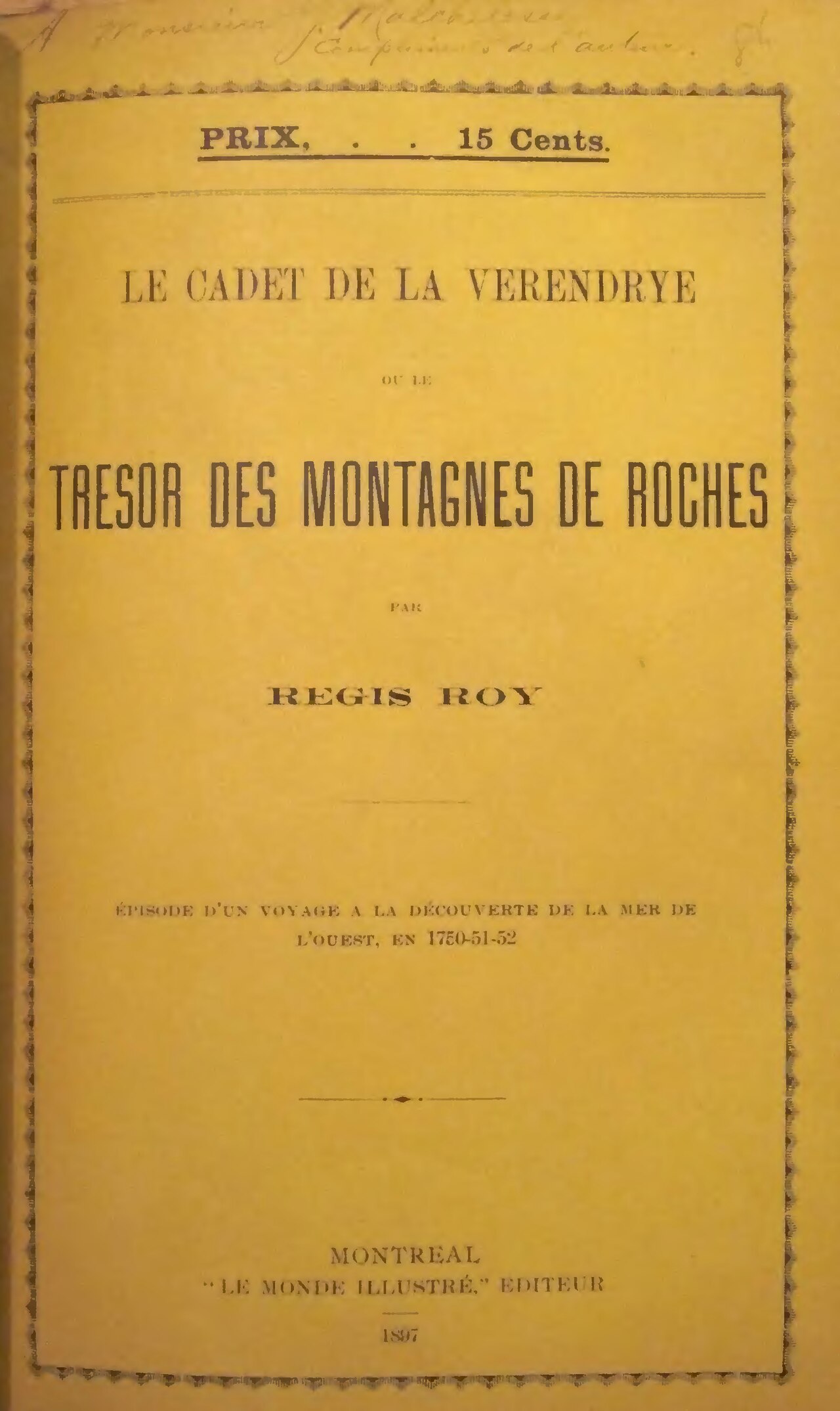 Le cadet de la Vérendrye de Régis Roy, couverture du livre