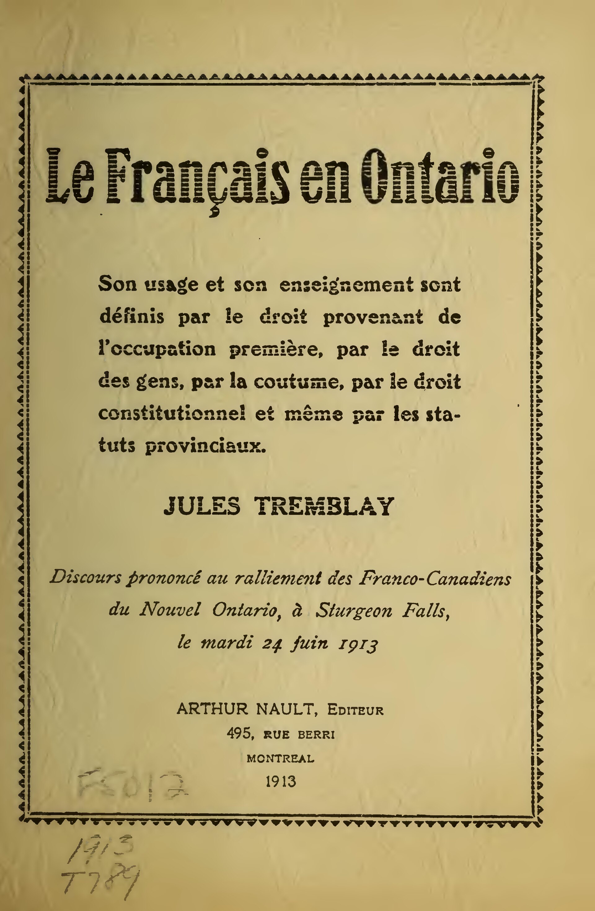 Le français en Ontario de Jules Tremblay, couverture du livre