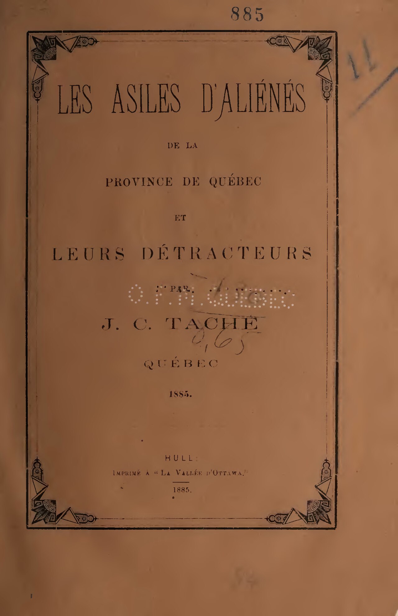 Les asiles d’aliénés de la province de Québec et leurs détracteurs de Joseph-Charles Taché, couverture du livre